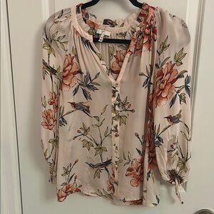 Joie Orange and Green Ruffled 3/4 Sleeve Blouse